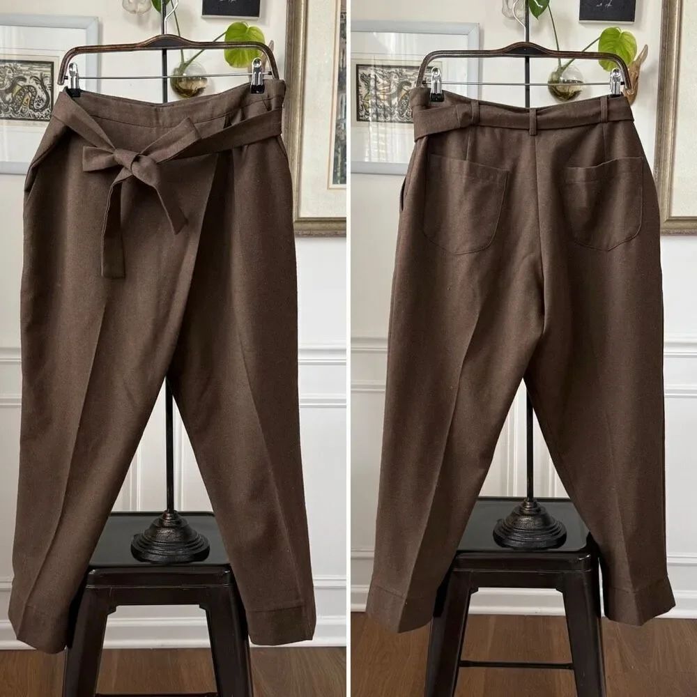 Luukaa Brown Trousers Taper Slightly Cropped Crossfront Tie Sash $180 12
